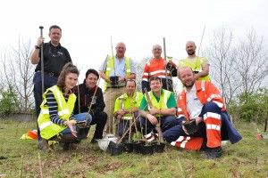 The tree planters. Back row left to right; Carl Griffin (BESST), Ian Walsh, Andrew Harris, Matt Hawkins (Shropshire Wildlife Trust).  Front row; Beth Williams, Andy Whyle (BESST), Brian Rowley, Jonathan Smith and Richard Summers
