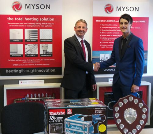 Alex (right) receives his award from Myson’s regional sales manager, Nigel Stedman