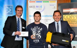 Left to right: Neil Collishaw from SummitSkills, Owain Powell – winner and David Jones, principal of Deeside College.