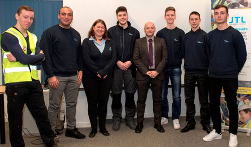 The six apprentices with Natasha Heritage from JTL and Stephen Carroll from Interserve at the recent event