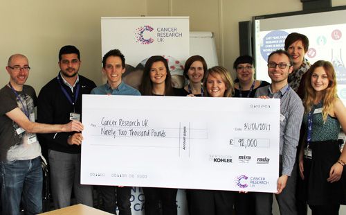Sarah Sadler, Kohler Mira Finance Director hands a cheque of £92,000 over to the CRUK fundraising team.