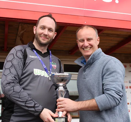 Mira marketing director, Craig, Baker hands over the trophy to the fun day 11-a-side winning team – from Mira marketing. Mira marketing director, Craig, Baker hands over the trophy to the fun day 11-a-side winning team – from Mira marketing.