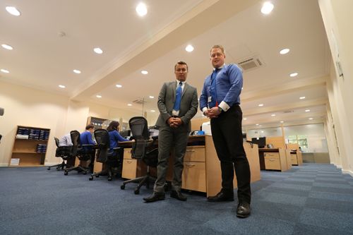 Left to right: Scott Mullins, operations director at Pimlico Plumbers, with John Piece, general manager, in the recently refurbished office.