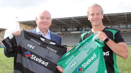 Trevor Harvey, chief executive officer of Stelrad Radiator Group, with Newcastle Falcons head coach, Dave Walder