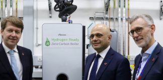 Worcester Bosch presents hydrogen-ready boiler Worcester MP Robin Walker, Sajid Javid and Worcester Bosch CEO Carl Arntzen