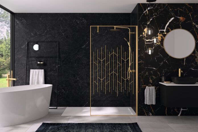 Solo Design + walk in with Art Deco Glass, black marble Kinewall SFA Saniflo